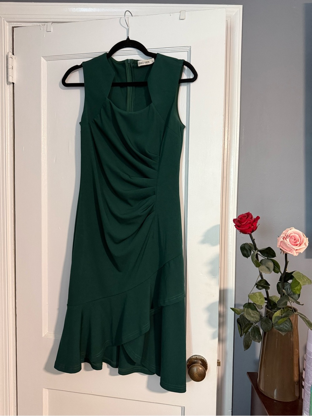 Grace Karin Green Sleeveless Draped Ruffle Dress -
